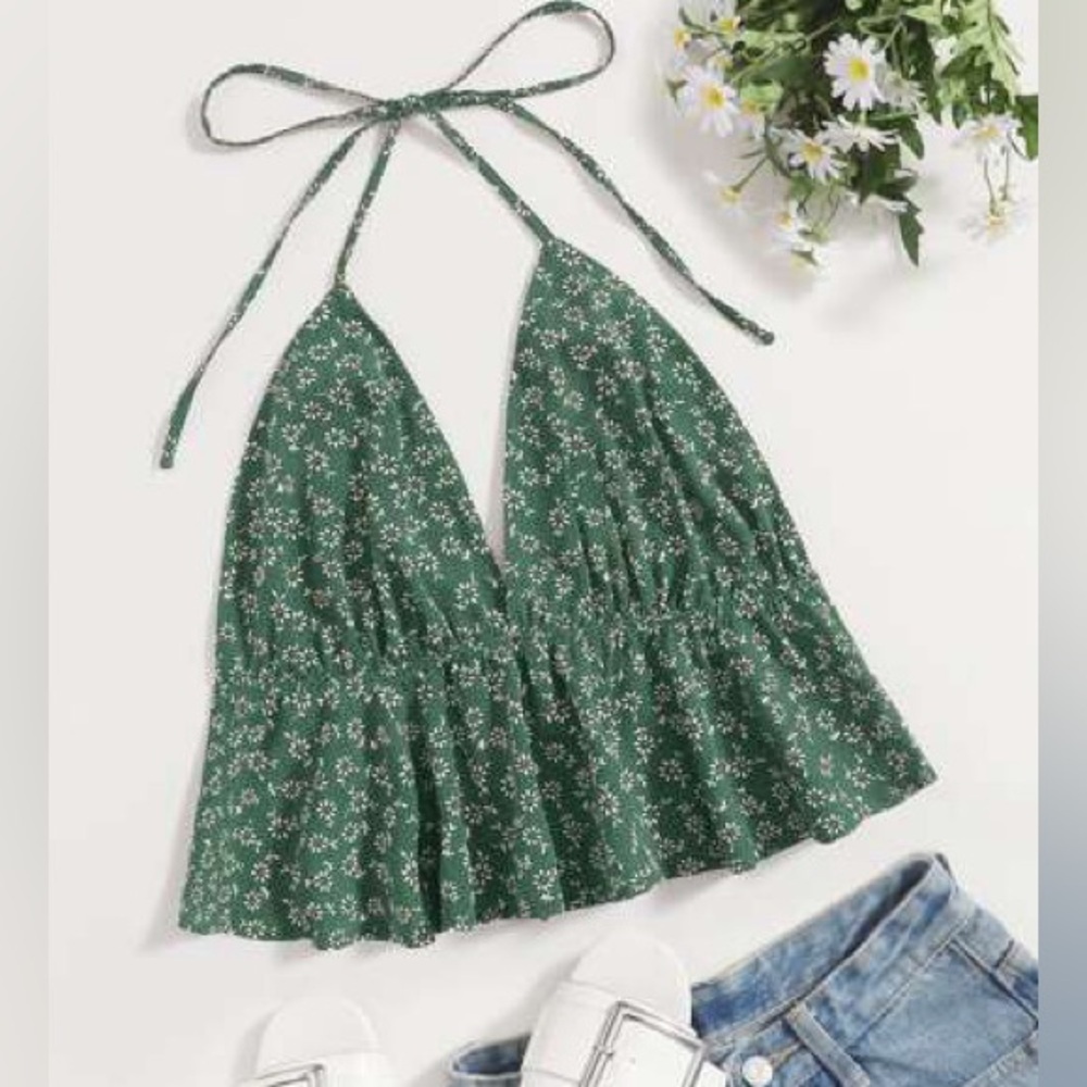 SHEIN Green and White Ditsy Floral Tie Back Halter Tank Top Size L